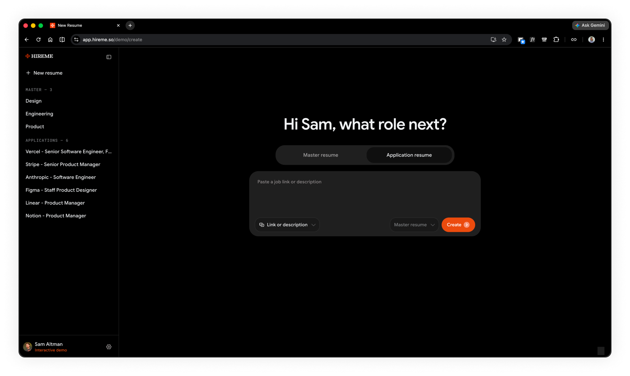HireMe AI resume builder with a tailored resume for a pasted job link