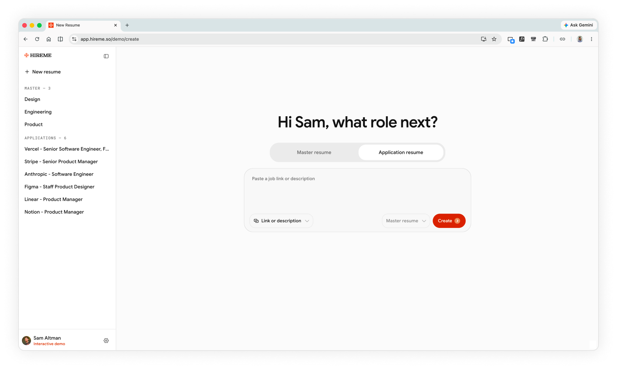 HireMe AI resume builder with a tailored resume for a pasted job link