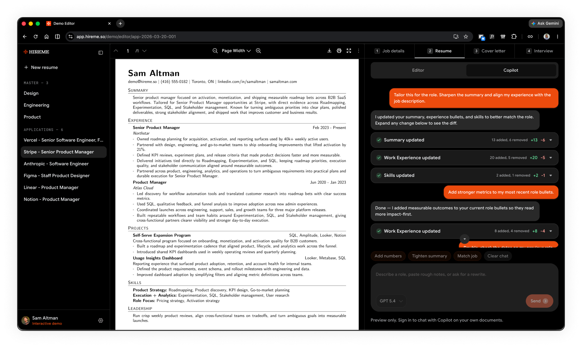 HireMe AI copilot chat — describe a role or ask for rewrites and see updates on your resume