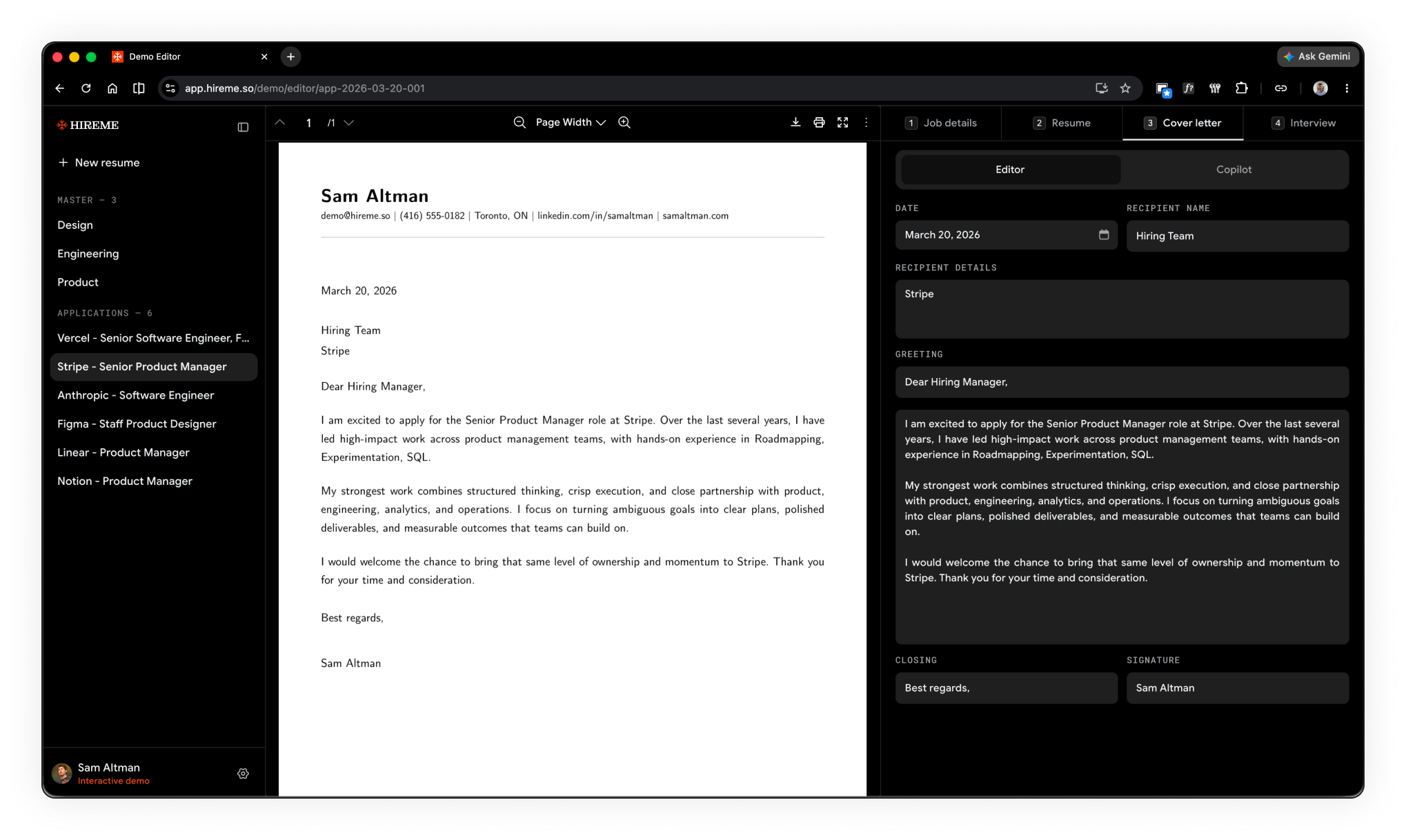 HireMe AI cover letter generator and editor