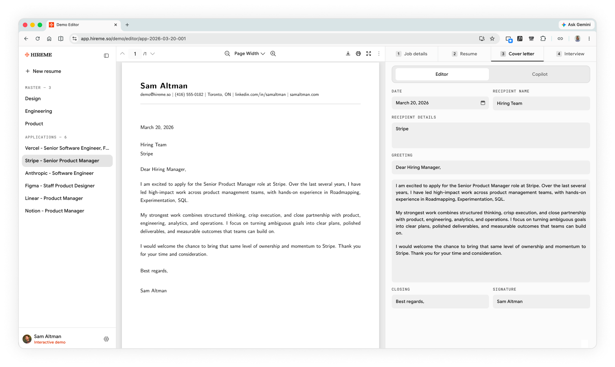 HireMe AI cover letter generator and editor