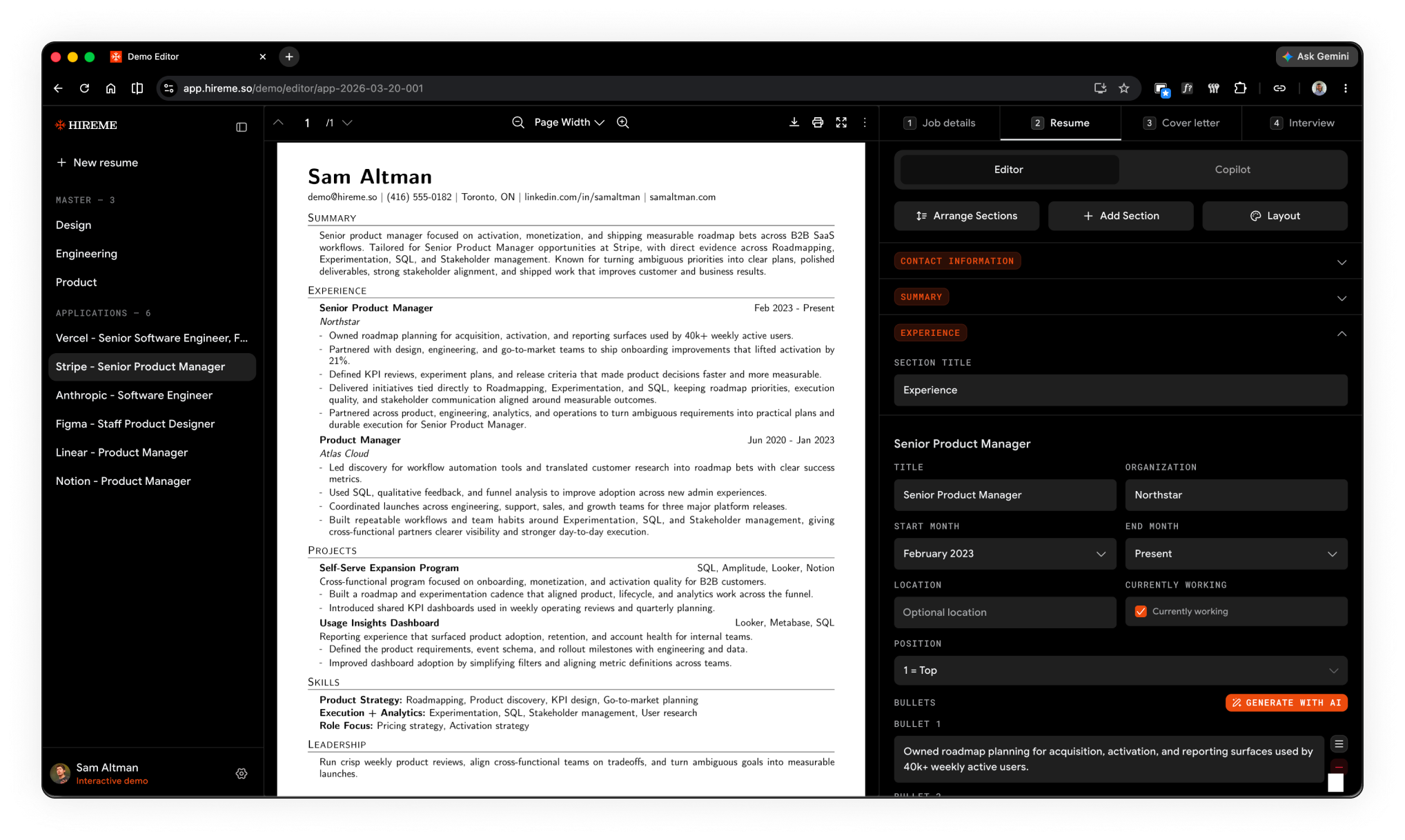 HireMe AI resume builder showing a tailored resume editor