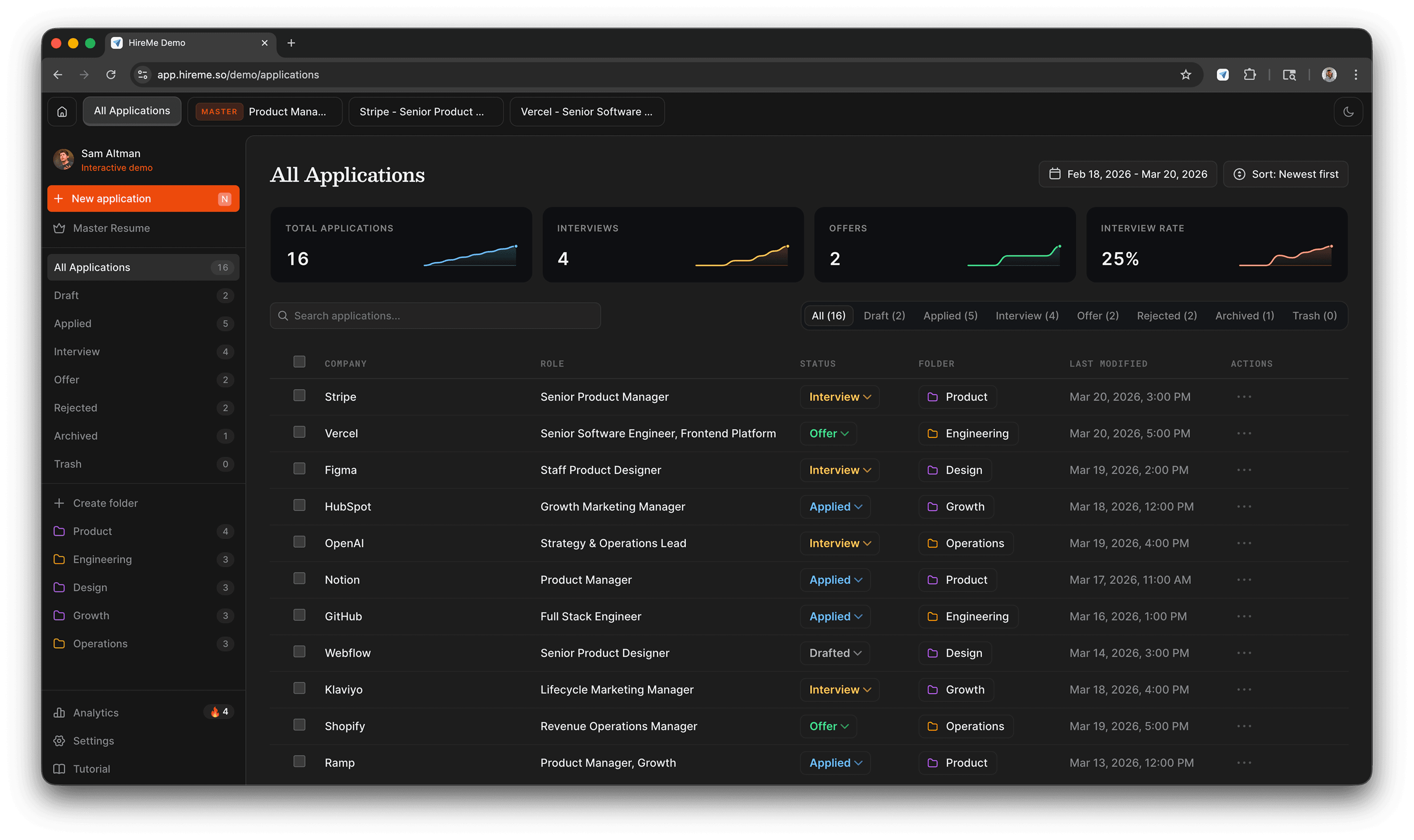 Hireme applications dashboard in dark mode